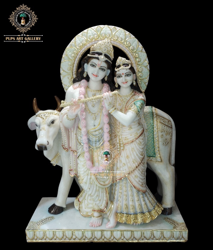 Detailed hand-carved Radha Krishna Jugal Jodi marble statue with sacred cow — showcasing artisan mastery