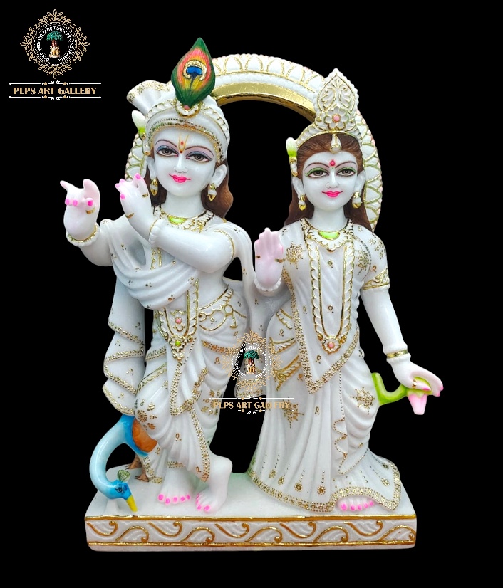 Handcrafted Makrana marble Radha Krishna Jugal Jodi statue in traditional standing posture